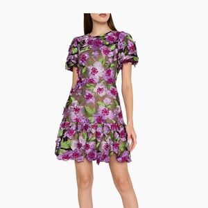 Milly Floral Embroidered Mini Dress - Purple and Green